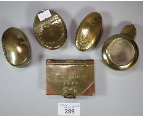 Victorian brass and copper Miners snuff box in the form of a Bible book, 'Evan Williams 1877', together with three other Mine