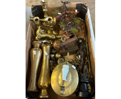 Tray of metalware and other items to include: vases, brass studies of foxes, candlestick, spelter figurine, cuckoo clock etc.
