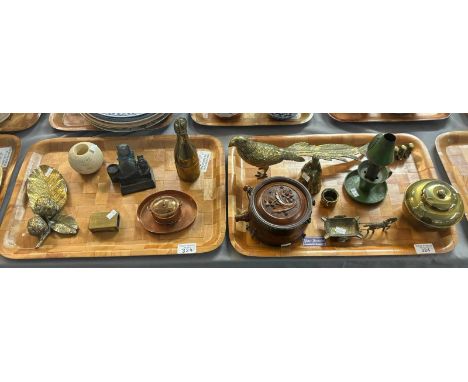 Two trays of oddments and collectables to include: brass match holder in the form of a 'Veuve Cliquot' champagne bottle, othe