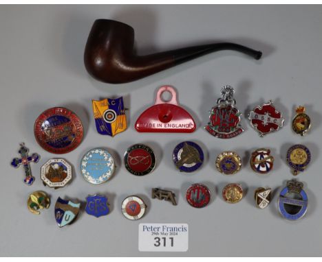 Plastic tub of enamel badges to include: Stafford Morris Men, Electrical Trade Union, Civil Defence etc. together with an Acm