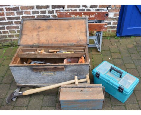 Carpenters tool chest, two tool boxes with assorted tools and a Black & Decker work mate