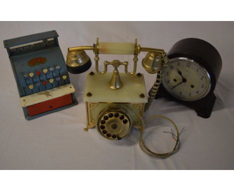 Codec toy till, rotary dial telephone and a Bakelite mantle clock
