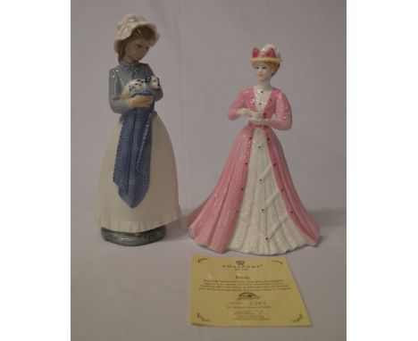 Nao figure of a girl holding a puppy and a Coalport figure of 'Emily' limited edition no 2343/5000