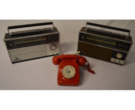 Red rotary GPO style telephone and two vintage Grundig Yacht Boy radios