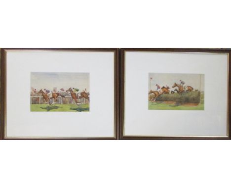 Pair horse racing watercolours with signature RJM (R James Mason) c.1930s 55 cm x 45 cm