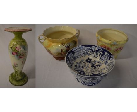 Jardiniere base, 2 jardiniere style ceramic bowls and an Ironstone bowl