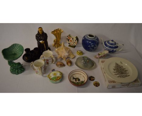 Various ceramics including a decanter in the form of a monk/friar, willow pattern teapot, Christmas plates etc