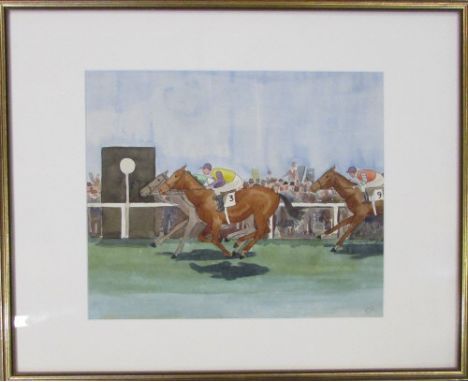 Watercolour of a horse racing scene with signature RJM (R James Mason) c. 1930s 53 cm x 43 cm