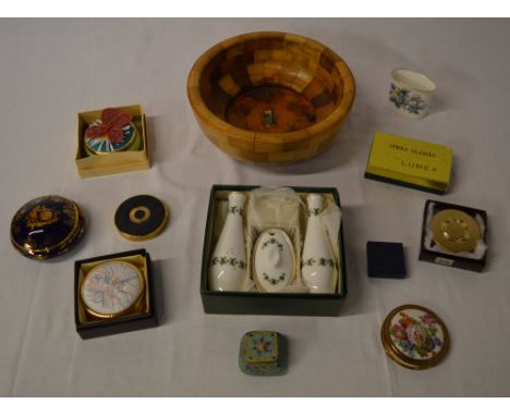 Various compacts, Royal Worcester pot, opera glasses etc