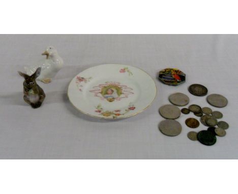 Royal Copenhagen rabbit, Nao duck, Booths plate, assorted coins & a compact