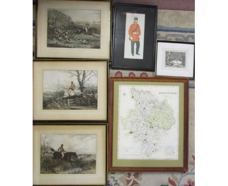 Assorted prints inc hunting scenes & map of Huntingdon