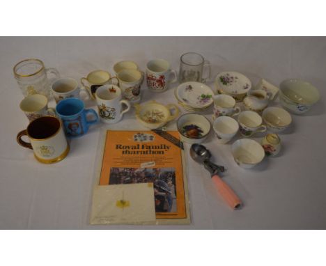 Commemorative ceramics including tankards and mugs, retro ice cream scoop and other various saucers, small plates etc