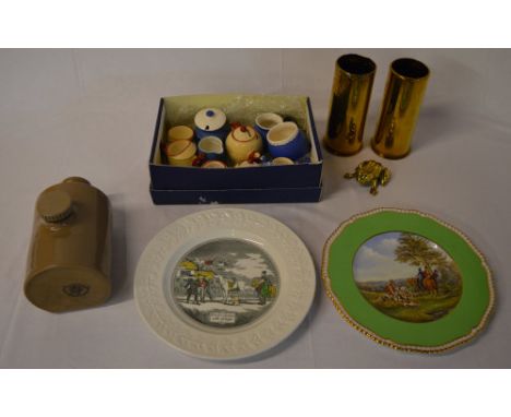 2 brass shell casings, ceramic hot water bottle, plates etc