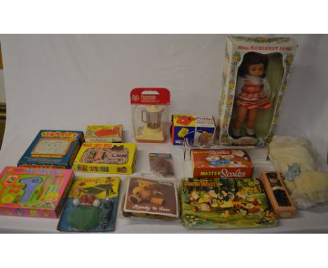 Various toys including a Walt Disney ink stamp set, master scales, Rosedale toy mixer etc