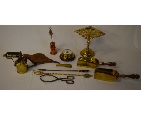 Brassware including a Burmos blowlamp, small barometer etc