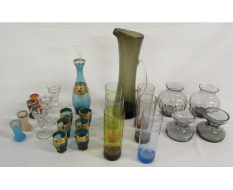 Pair of Wedgwood glass candlesticks, 2 Wedgwood glass vases, decanter with matching glasses, large jug with glasses etc