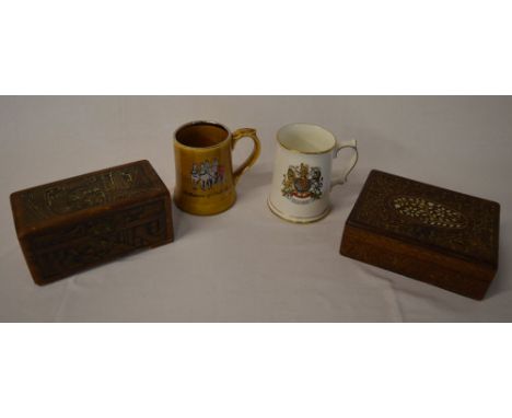 2 treen carved wooden boxes and 2 ceramic tankards
