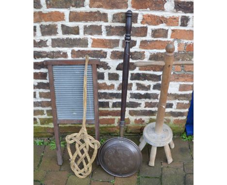 Copper warming pan, carpet beater, washboard and a wash dolly