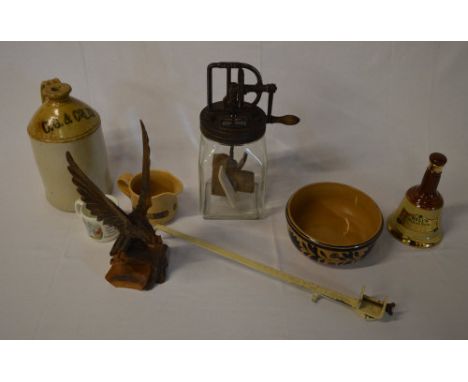 Butter churn, stoneware flagon marked 'OG & Co LTD', Bells whisky decanter, carved wooden figure of an eagle etc