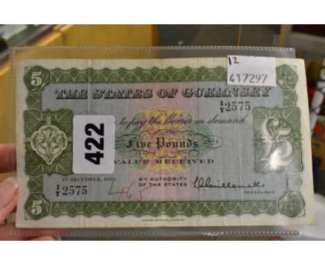 BRITISH BANKNOTE: States of Guernsey œ5,States of Guernsey, œ5, GN45, 1st December 1956, serial number 1Y 2575, green & blue,