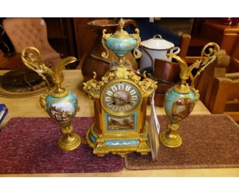 A 19th century French ormolu and porcelain three piece mantel clock garniture,with Japy Freres 8 day movement, striking the h