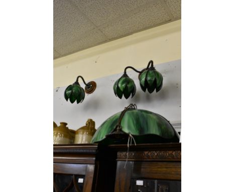 A slag glass and bronzed metal hanging ceiling light,in the style of the American firm Handel, the five petal floral style sh
