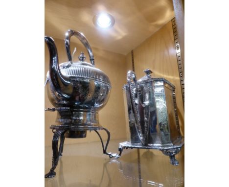 A silver plated tea caddy and spirit kettle.