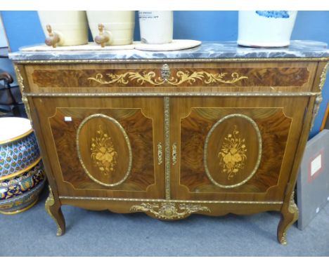 A French walnut and marquetry marble top commode,c1970's, 56in. (142.3cm.) long.