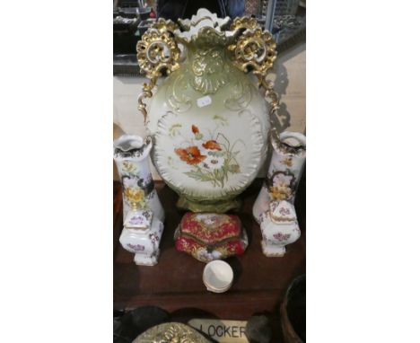 A Collection of Late 19th Century Ceramics to Include Moon Flask,Continental Porcelain Box (Lid AF), Two Pairs of Vases 