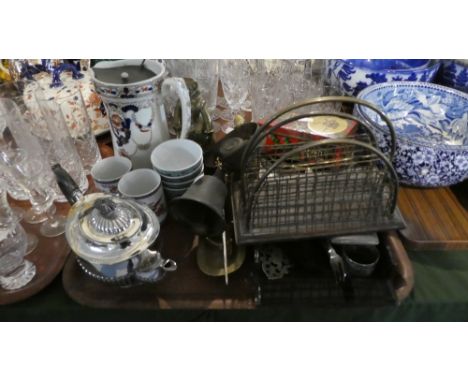 A Tray of Sundries to Include Heavy Brass Bells, Ceramic Jugs, Letter Rack, Lighters Etc