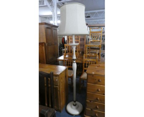 A Cream and Gilt Standard Lamp and Shade with Turned Reeded Support