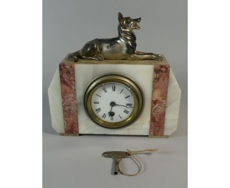 A French Art Deco Mantle Clock In White and Pink Marble with German Shepherd Mount, 24cm Wide