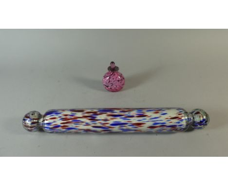 A Victorian Glass Rolling Pin and Coloured Glass Scent Bottle 