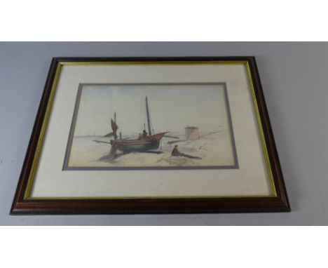 A Framed Continental Pencil Sketch/Watercolour Depicting Fishing Barge on Beach 