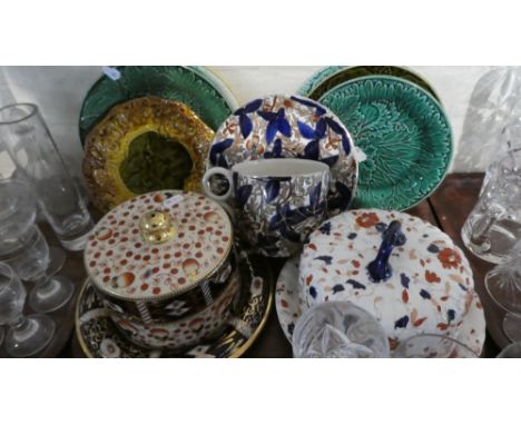 A Tray of China to Include Imari Pattern Cheese Dish (AF), Breakfast Cup and Saucers, Leaf Plates etc