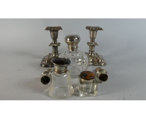 A Collection of Silver Plated and Silver Mounted Items to Include Scent Bottle (Lid Detached), Inkwell, Sheffield Plate Candl