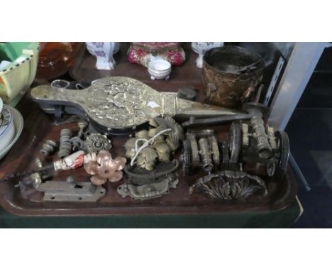 A Tray of Metal Wares to Include Two Model Cannons, Brass Mounted Bellows, Copper Patinated Hunting Bowl, Furniture Handles e