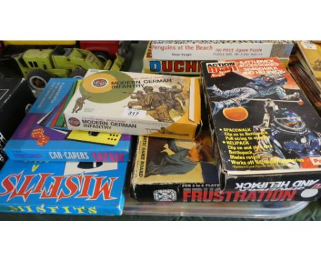 A Collection of Vintage Toys to Include Action Man Space Walk Accessory Pack, German Infantry Set, Misfit, Frustration Etc