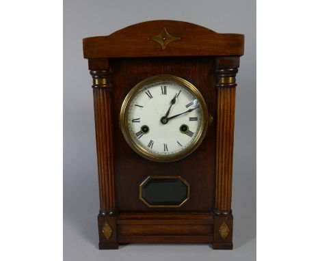 An Edwardian Art Deco Walnut Mantle Clock of Architectural with Half Reeded Pilasters, 34cm HIgh 