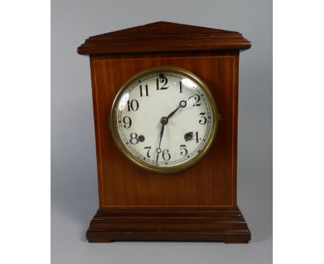 An Edwardian Mahogany String Inlaid Mantel Clock of Architectural Form, 31cm HIgh 