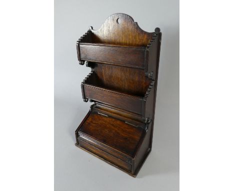 A 19th Century Three Tier Oak Spice Rack with Lift Top to Bottom Section and Two Bottle Shelves, 39cm High 