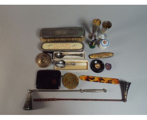 A Tray of Sundries to Include Two Candle Snuffers, Tortoiseshell Cigarette Case, Clothes Brushes, Mother of Pearl Handled Spo