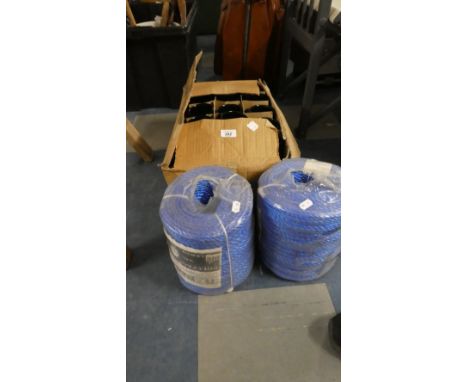 A Box of Ceramic Mugs and Two Rolls of Polypropylene 6mm Rope