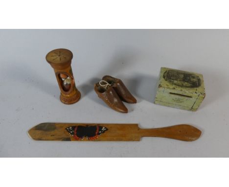 A Collection of Treen to Include Egg Timer, Page Turner, Box, Miniature Shoes etc