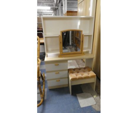 A Modern Three Drawer Dressing Table and Stool, Together with a White Painted Two Shelf Open Bookcase 