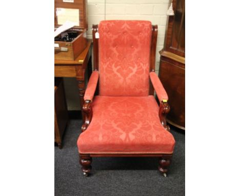 Frank Hudson & Son, High Wycombe, a reproduction mahogany framed and salmon cut pile fabric button upholstered salon arm chai
