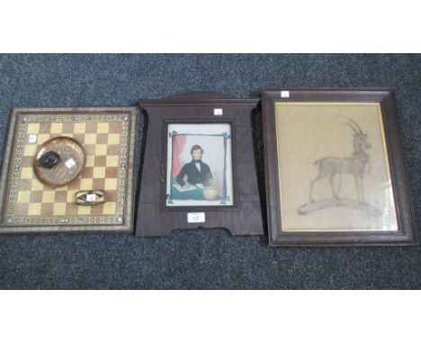 An Indian chessboard, silkwork of a goat, watercolour portrait of a gentleman and other items