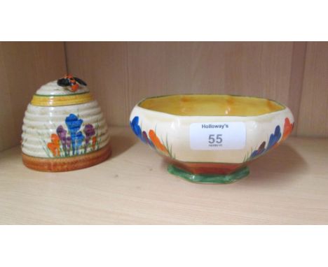 A Clarice Cliff Bizarre crocus pattern octagonal footed bowl, together with conforming preserve pot and cover