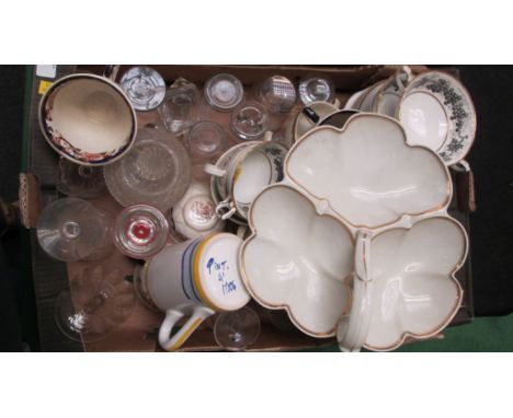A box of ceramics and glass, including a French hors d'oeuvres dish, Masons Mandalay oversized tea cups and other items