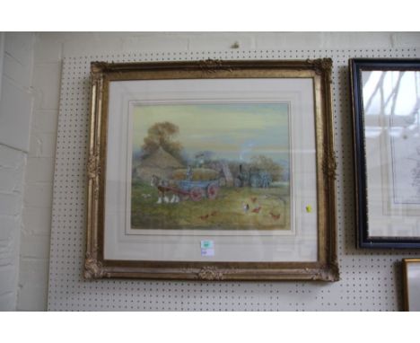 G Benningfield A Dorset harvest with a steam engine powered thresher, laden cart and chickens to the fore watercolour signed 